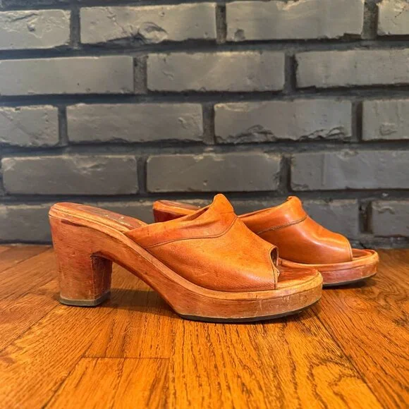 Vintage 1970s Cognac Leather Peep Toe Clogs Slides Mules Wood Platforms Size 7.5 - Picture 4 of 7